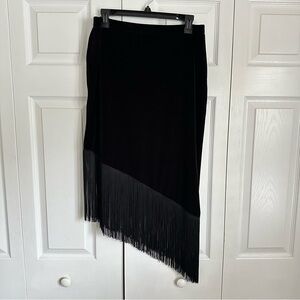 Vintage Velvet Fringe Skirt Womens 14 Black Asymmetrical Midi Whimsigoth Holiday